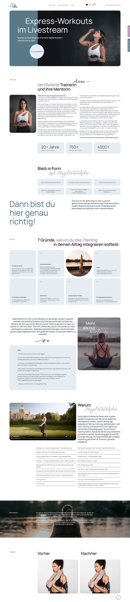 Startseite der StayFitWithAn-Website — detaillierte Ansicht des oberen Teils